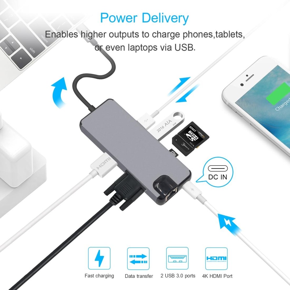 8-in-1 USB-C Docking Station HDMI VGA LAN Multiport Adapter SD Card Reader Grey