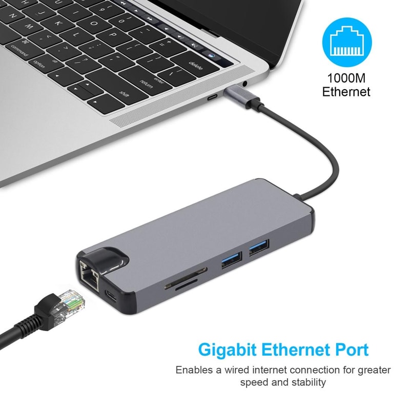 8-in-1 USB-C Docking Station HDMI VGA LAN Multiport Adapter SD Card Reader Grey