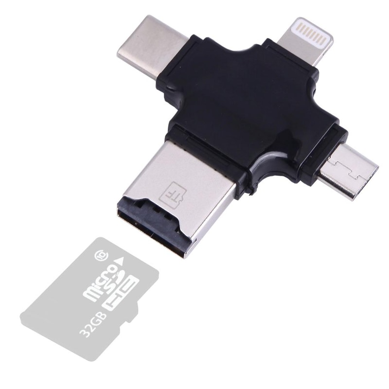 4 in 1 USB C OTG Card Reader with USB 2.0 Micro USB Lightning 8 Pin TF Card Adapter for MacBook PC Phone