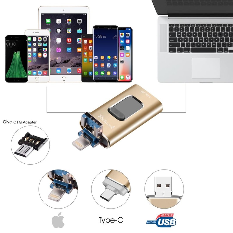 Richwell 3 in 1 OTG USB Drive Type C Lightning USB 3.0 16GB Metal Flash Drive
