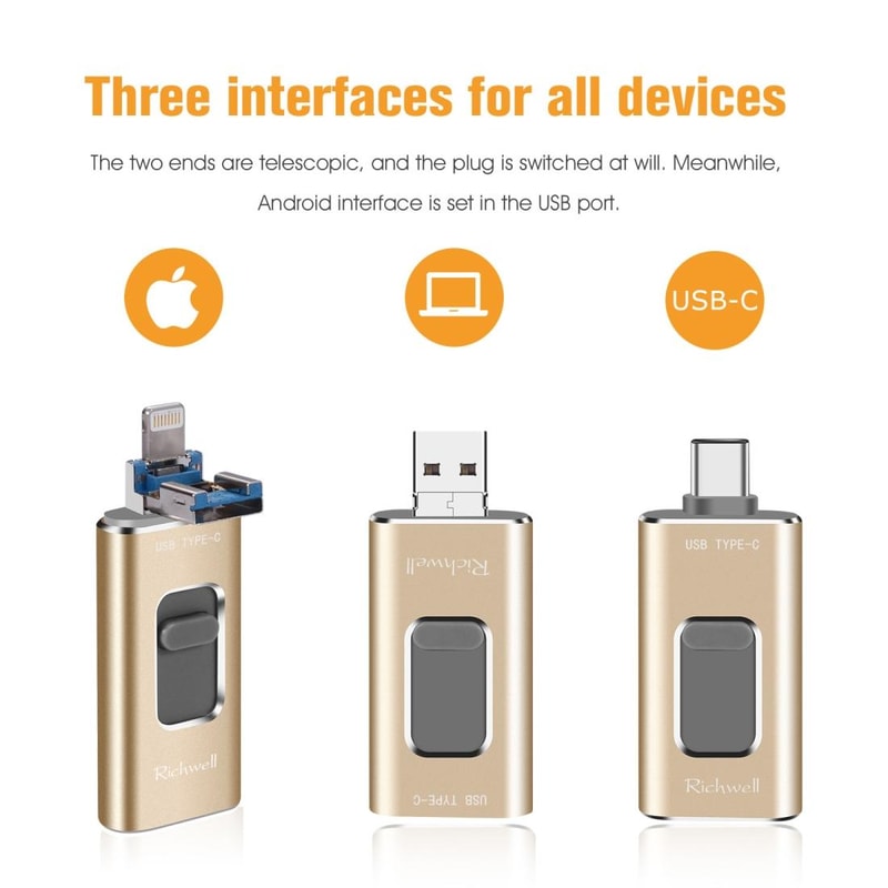 Richwell 3 in 1 OTG USB Drive Type C Lightning USB 3.0 16GB Metal Flash Drive