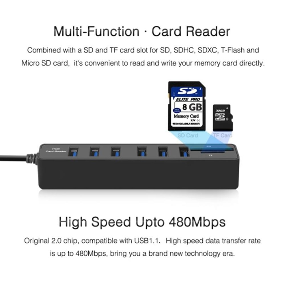 6 Port USB 2.0 Hub with SD TF Card Reader, Multi USB Splitter for Laptop & PC
