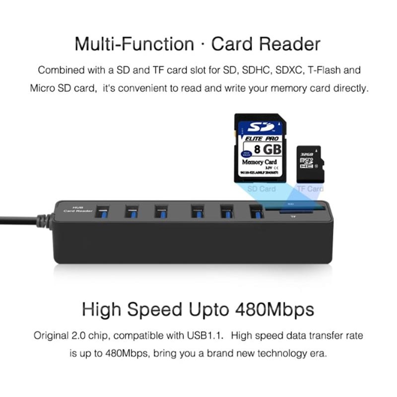 6 Port USB 2.0 Hub with SD TF Card Reader, Multi USB Splitter for Laptop & PC