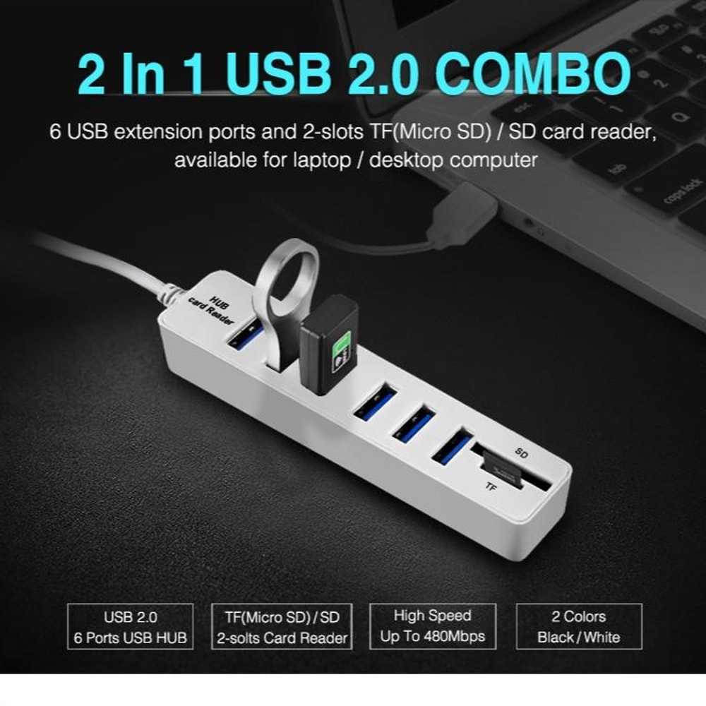 6 Port USB 2.0 Hub with SD TF Card Reader, Multi USB Splitter for Laptop & PC