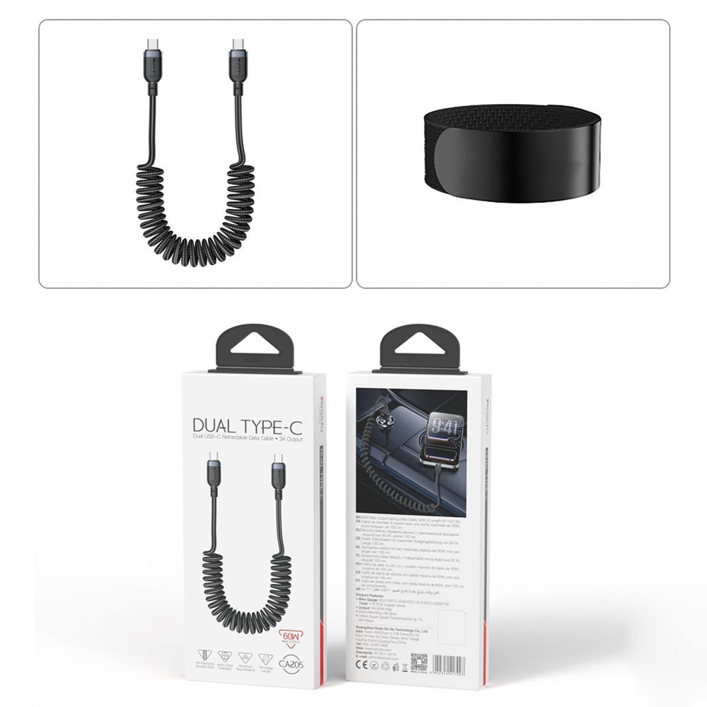 CA205 USB-C to USB-C Spring Charging Cable 1.5m Fast Charge Data Cable with Tangle-Free Design