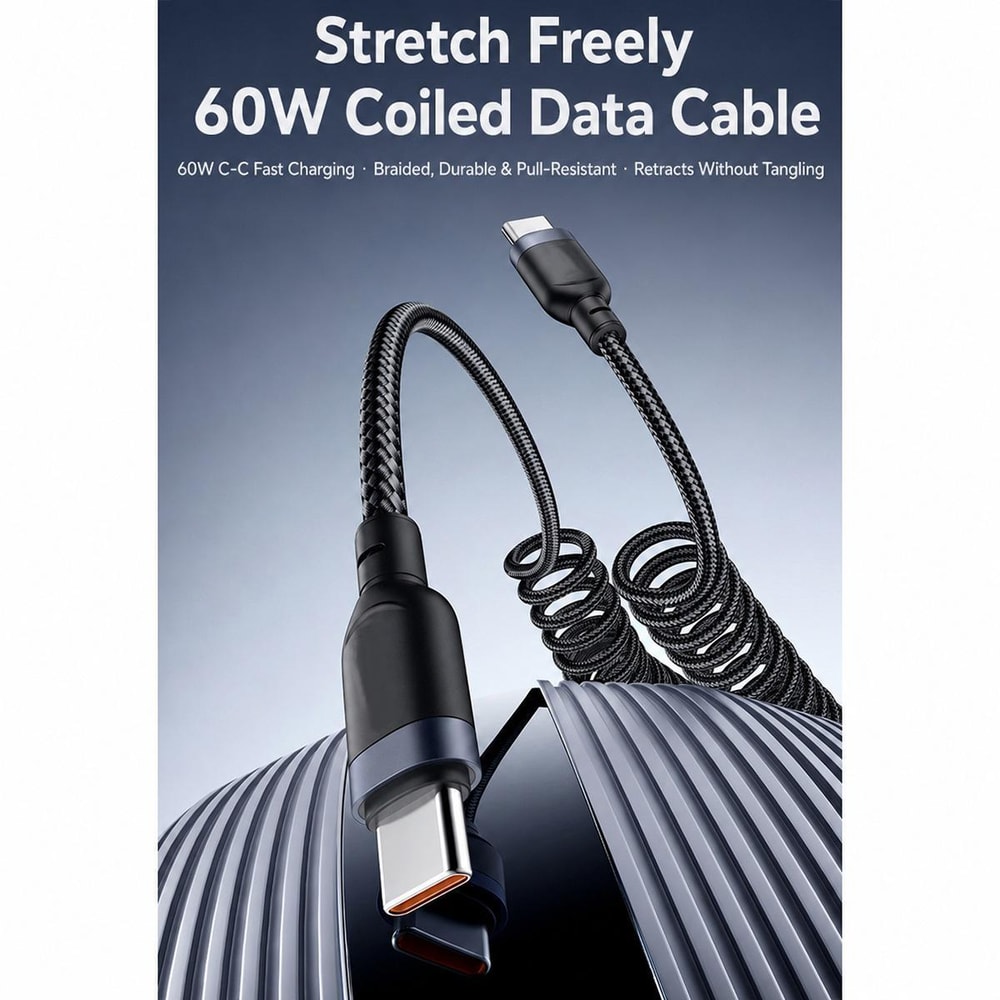 CA205 USB-C to USB-C Spring Charging Cable 1.5m Fast Charge Data Cable with Tangle-Free Design