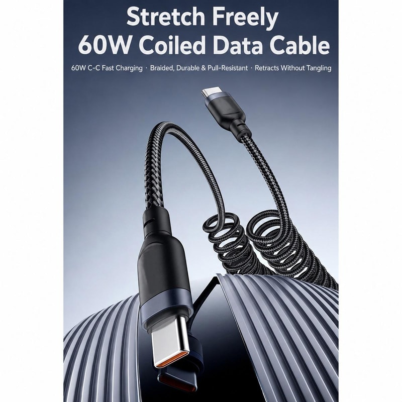 CA205 USB-C to USB-C Spring Charging Cable 1.5m Fast Charge Data Cable with Tangle-Free Design