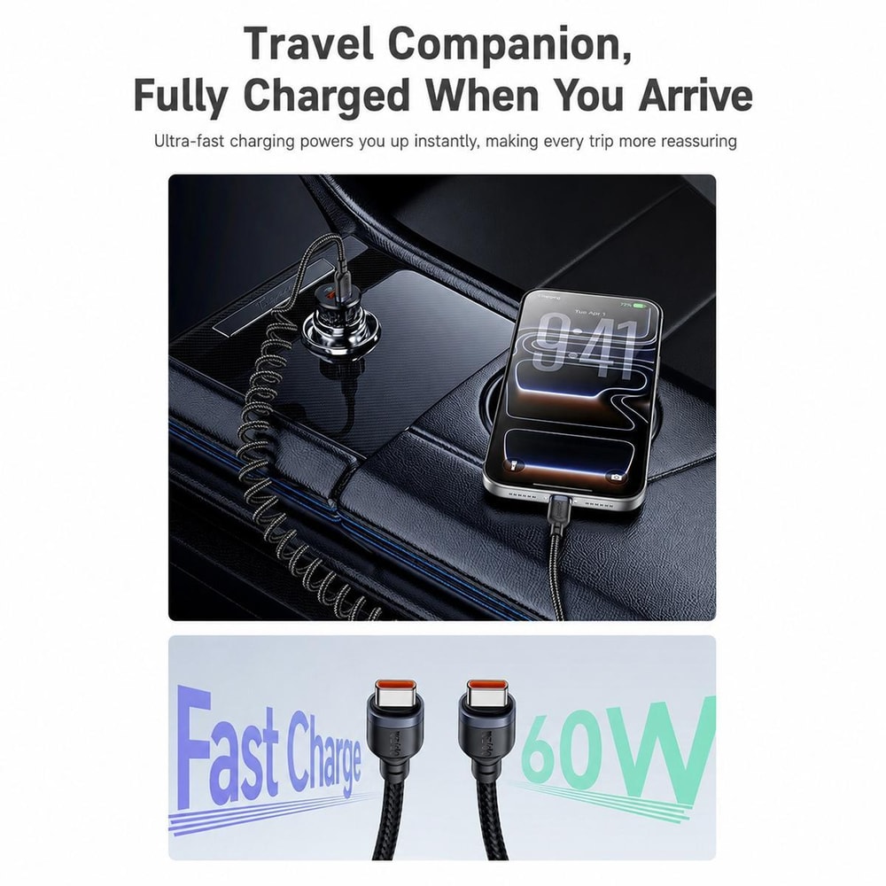 CA205 USB-C to USB-C Spring Charging Cable 1.5m Fast Charge Data Cable with Tangle-Free Design
