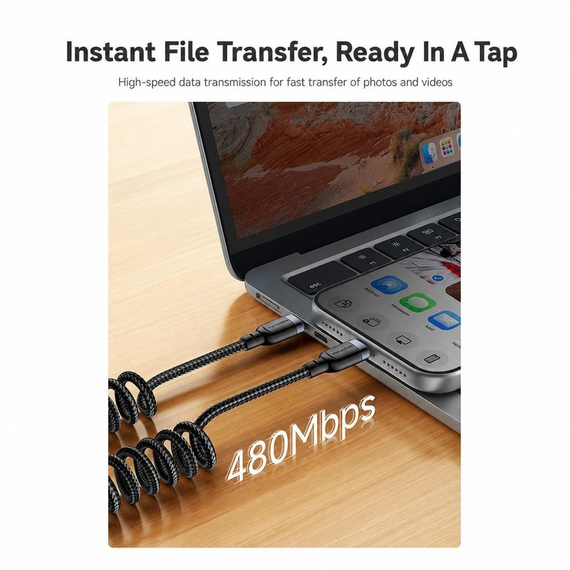 CA205 USB-C to USB-C Spring Charging Cable 1.5m Fast Charge Data Cable with Tangle-Free Design