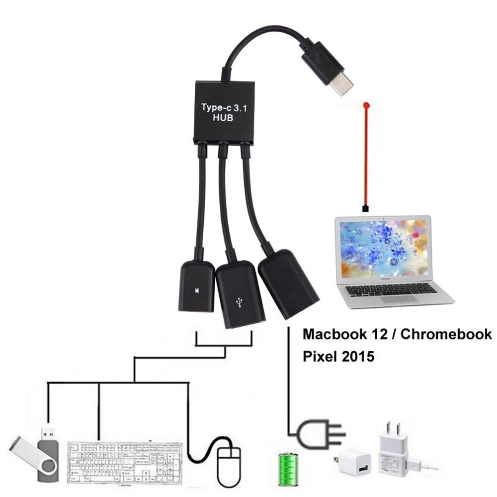 3-Port USB-C Hub with OTG Charging Cable for Laptop and Smartphone Connectivity