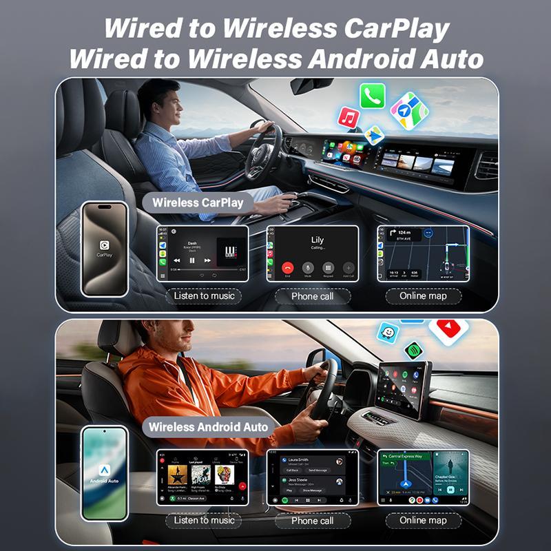 Wireless CarPlay & Android Auto Adapter USB-A USB-C Plug & Play Dual Port Car Connectivity Adapter