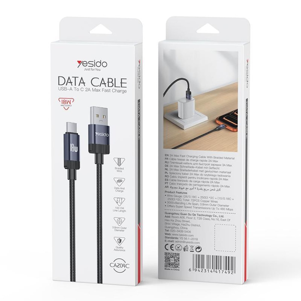 CA204C 18W USB to USB-C Braided Charging & Data Cable 1m Gun Grey