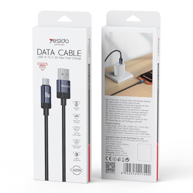 CA204C 18W USB to USB-C Braided Charging & Data Cable 1m Gun Grey