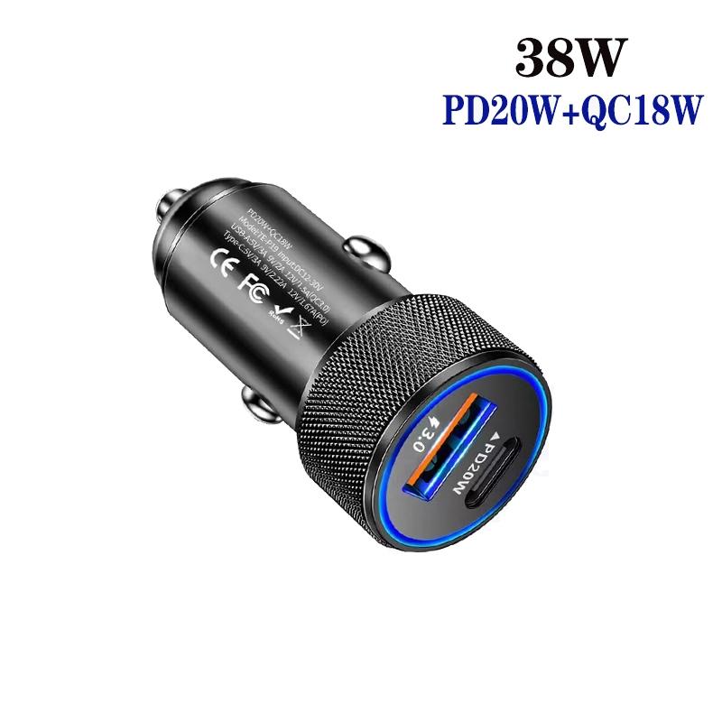 P19 Metal PD20W USB C and QC3.0 Dual Port Fast Car Charger 38W