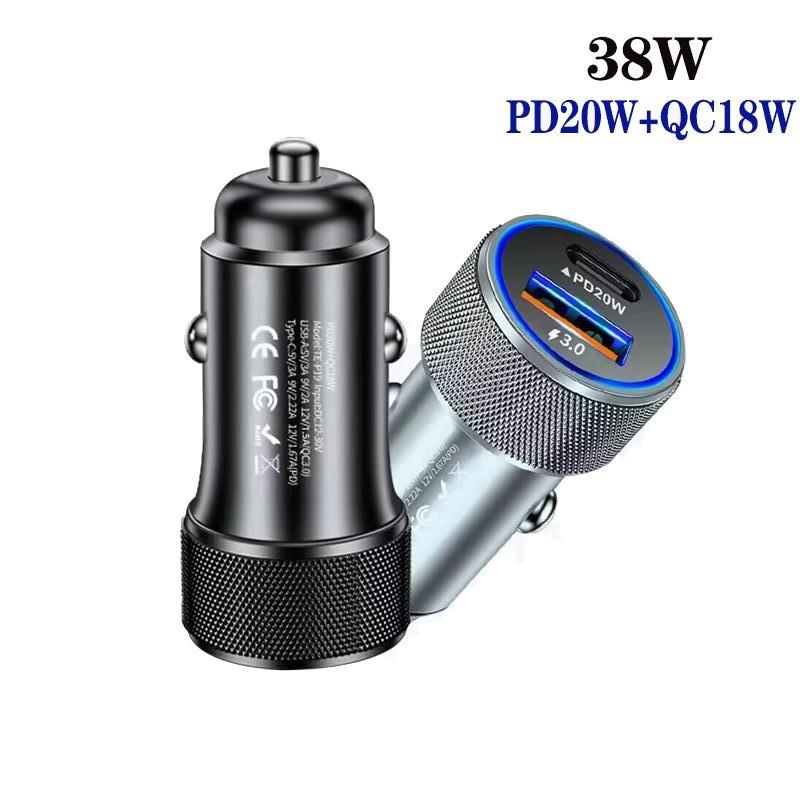 P19 Metal PD20W USB C and QC3.0 Dual Port Fast Car Charger 38W