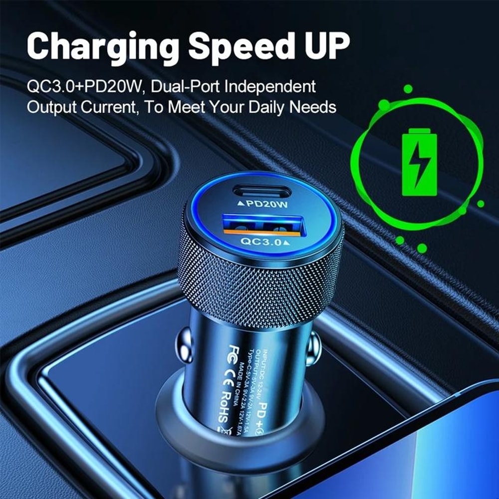 P19 Metal PD20W USB C and QC3.0 Dual Port Fast Car Charger 38W