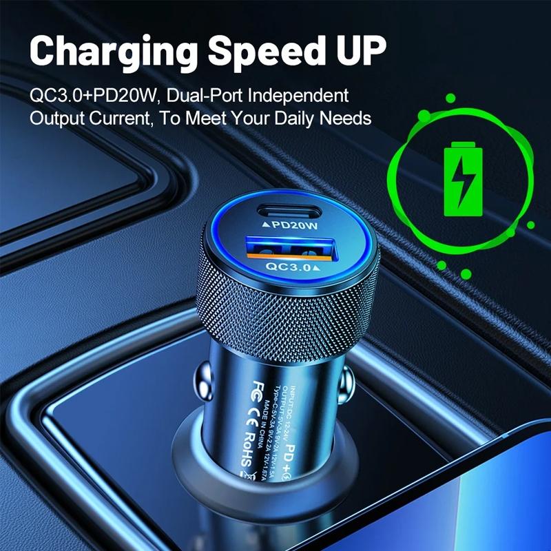 P19 Metal PD20W USB C and QC3.0 Dual Port Fast Car Charger 38W