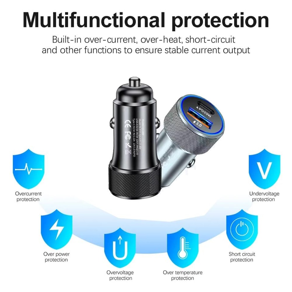 P19 Metal PD20W USB C and QC3.0 Dual Port Fast Car Charger 38W