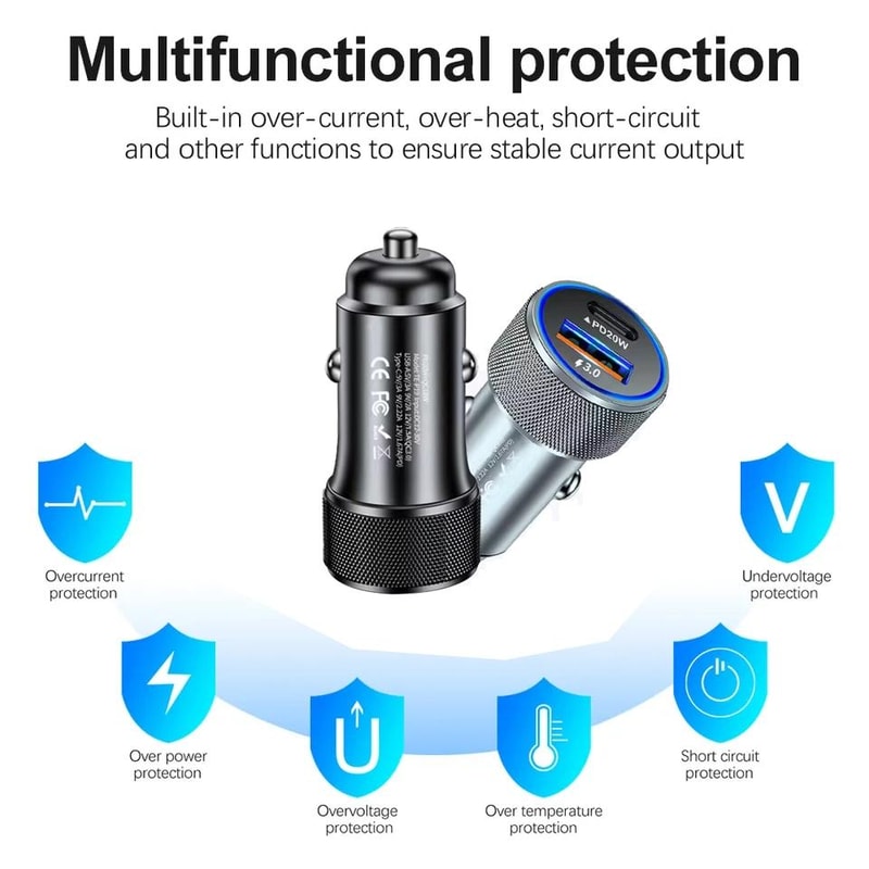 P19 Metal PD20W USB C and QC3.0 Dual Port Fast Car Charger 38W