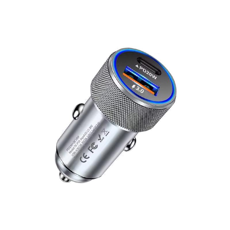 P19 Metal PD20W USB C and QC3.0 Dual Port Fast Car Charger 38W