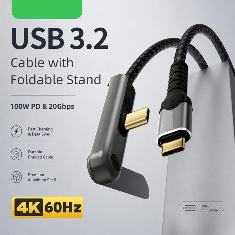 2m USB 100W Charging 20Gbps USB Data Cable with 360° Phone Stand 4K 60Hz Video Cable