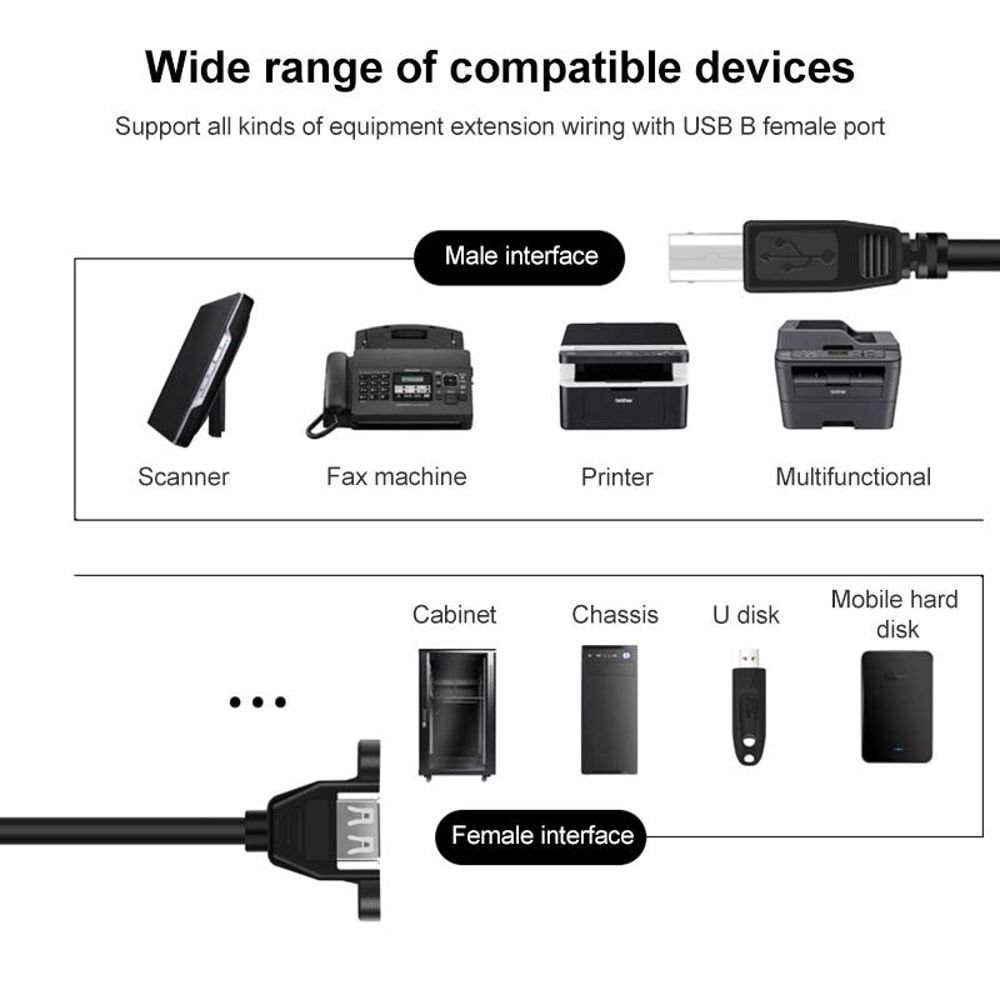 USB Printer Adapter Cable USB B Male to USB Female for HP Dell Epson