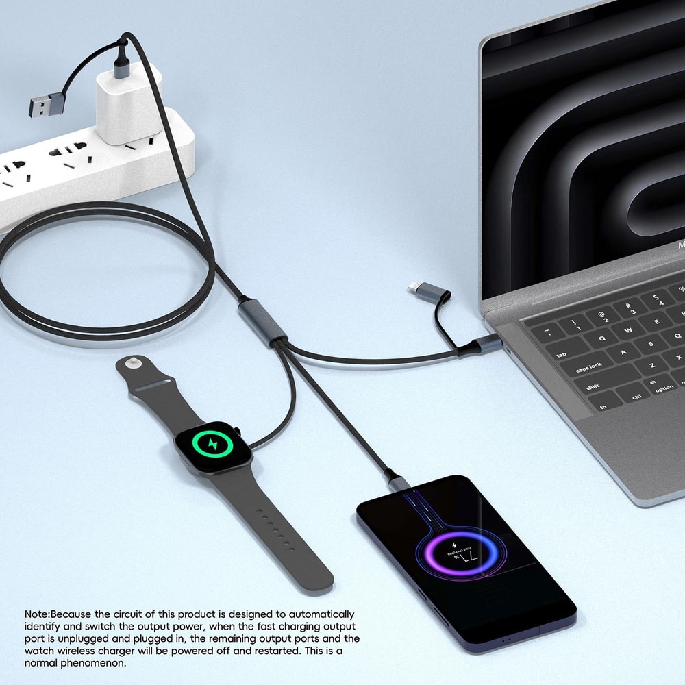 PowerSync 100W 3-in-1 Fast Charging Cable with USB-C PD & Magnetic Watch Charger