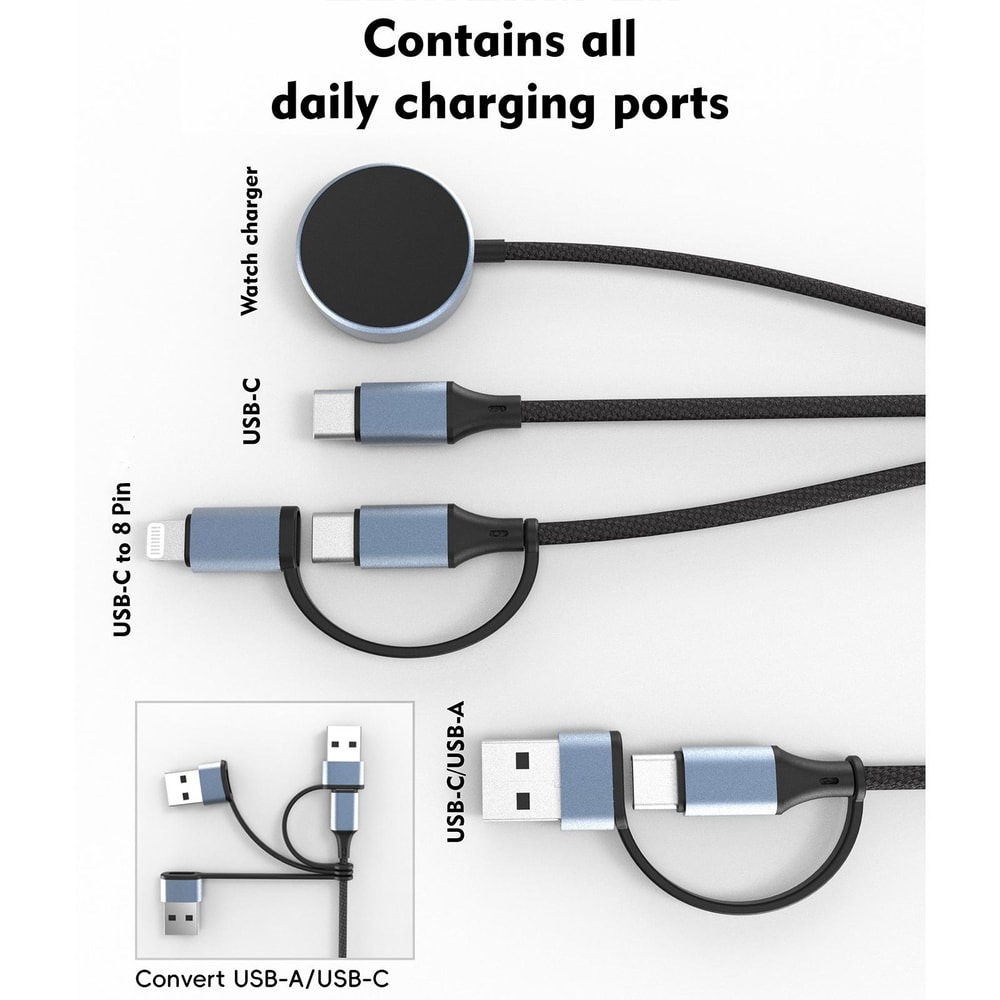 PowerSync 100W 3-in-1 Fast Charging Cable with USB-C PD & Magnetic Watch Charger