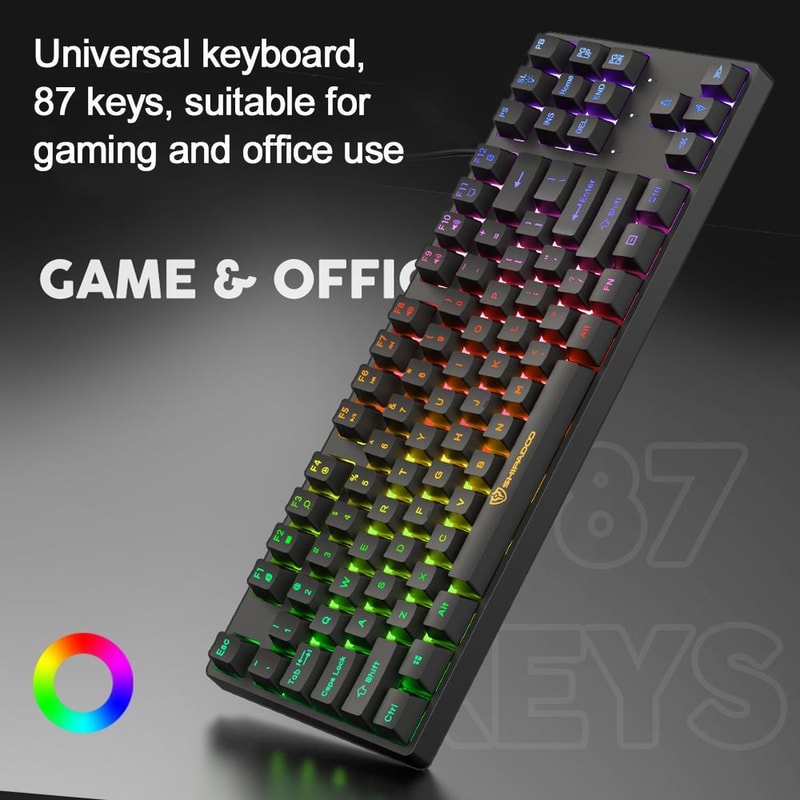SHIPADOO K87 Rainbow Backlit Mechanical-Feel Gaming Keyboard 87-Key Ergonomic USB Wired Keyboard
