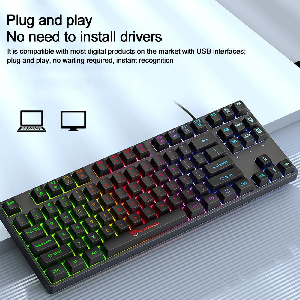 SHIPADOO K87 Rainbow Backlit Mechanical-Feel Gaming Keyboard 87-Key Ergonomic USB Wired Keyboard