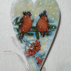christmas wall heart/christmas decor/wooden heart/a heart with birds/home decor/christmas gift/heart-shaped pendant/bull