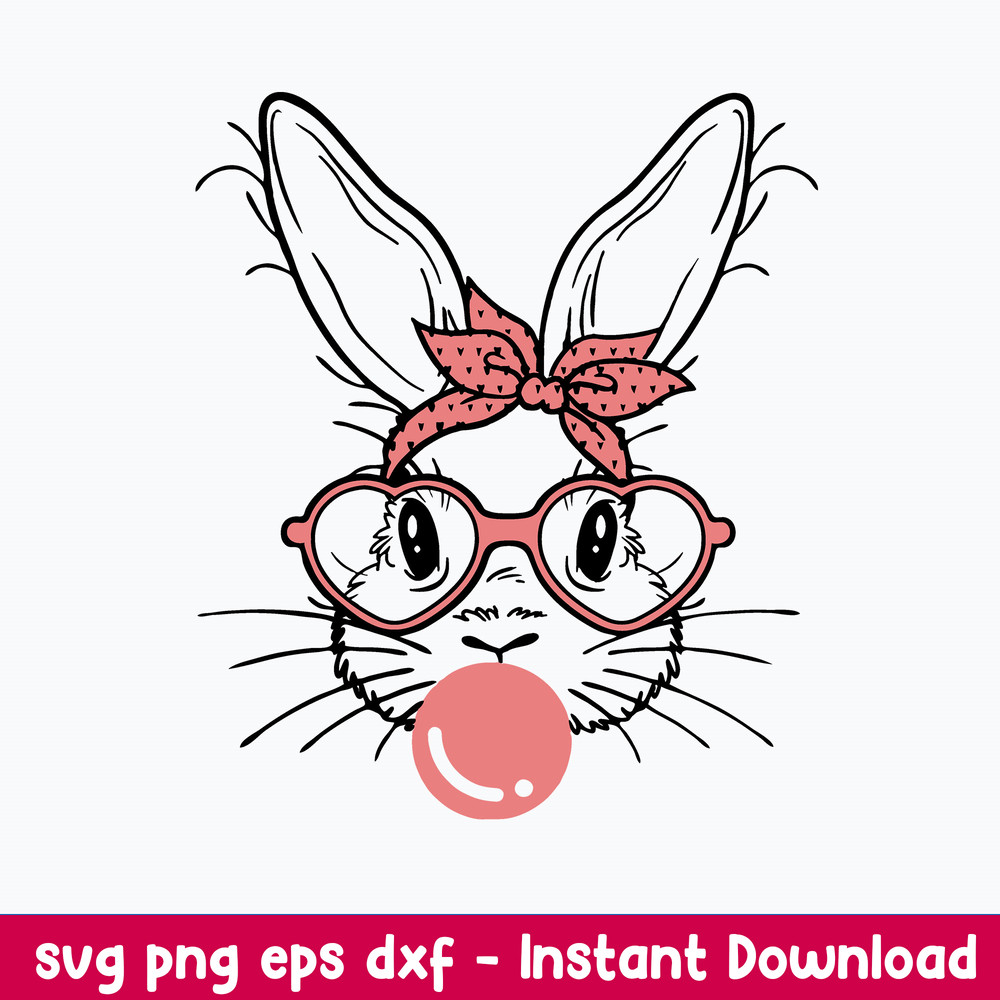 Cute Bunny Rabbit With Bandana Glasses Bubblegum Svg, Rabbit Svg, Png Dxf Eps File.jpeg