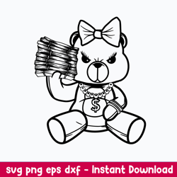 female gangster teddy bear money stack svg, png dxf eps file