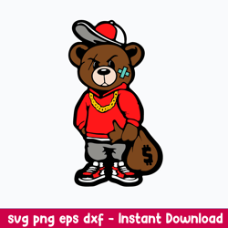 gangster teddy bear money bags good chain necklace sneaker svg, png dxf eps file