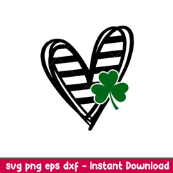 stripped heart with clover, stripped heart with clover svg, st. patricks day svg, lucky svg, irish svg, clover svg, png,