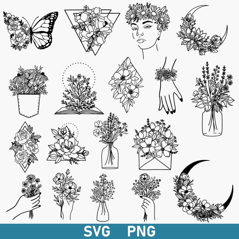 Flower Bundle Svg, Floral Moon Svg, Flower Butterfly Svg, Wildflower Svg, Bouquet Svg, Png Digital File.jpg