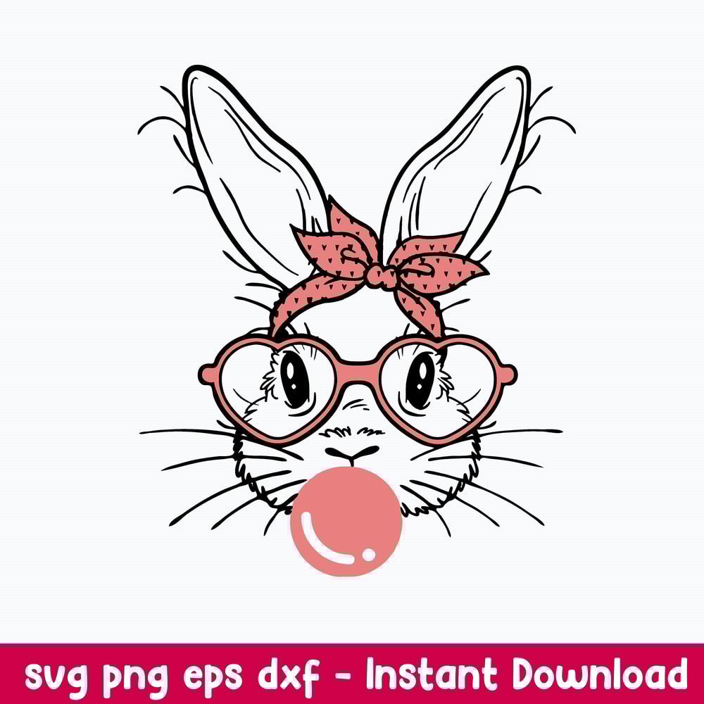 Cute Bunny Rabbit With Bandana Glasses Bubblegum Svg, Rabbit Svg, Png Dxf Eps File.jpeg