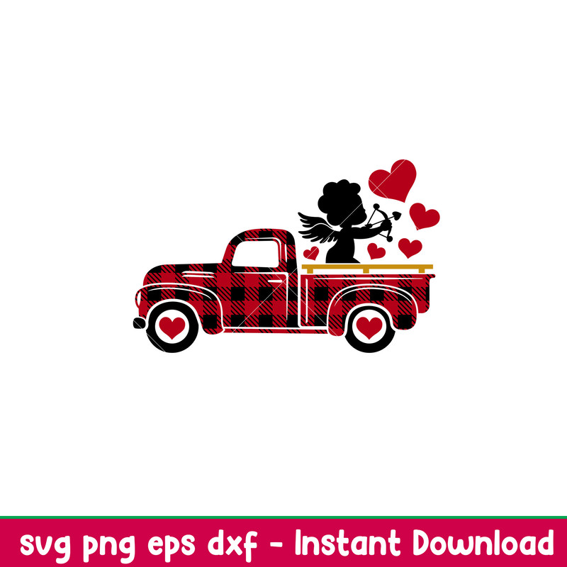 Valentines Red Truck Cupid Hearts, Valentines Red Truck Cupid Hearts Svg, Valentine’s Day Svg, Valentine Svg, Love Svg, png,dxf,eps file.jpeg