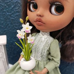 Miniature white Orchid in pot Scale 1:6 Dollhouse flowers