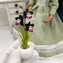 Miniature Black orchid in a pot Handmade Scale 1:6