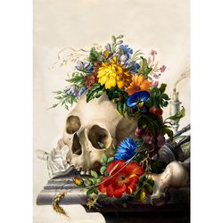 Human skull in flowers. Dark Still Life Art Print. Gothic flowers decor. Symbolic poster on canvas & handmade paper. 415
