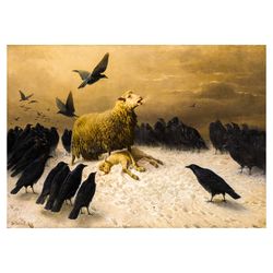 Anguish. Gloomy picture of a sheep with a dead lamb surrounded by ravens. Dark art print. 410.