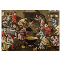 Grotesque scene with animals and stylised figures in a kitchen. Poster with fantastic animals. Fantasy wall art. 476.