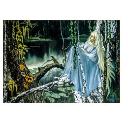 Mermaid sitting on a tree by the lake. Mythical art print. Malicious spirit illustration. 559.