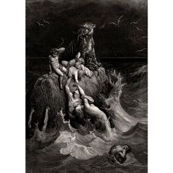 The Deluge. Artwork by Gustave Dore. Disaster poster with drowning people. Religious wall art. 419.