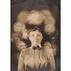 Vintage image with the faces of spirits. Victorian photograph poster. Horror decor with ghosts. Creepy photo art. 890.