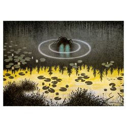 Monster in the lake. Troll hiding in the swamp. Illustration of Norwegian folklore. 468.