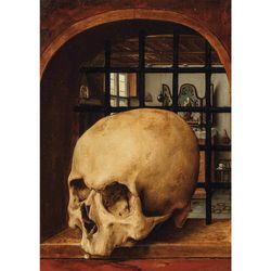A Vanitas with a skull. Allegorical still life with a human skull. Baroque painting artwork. Macabre art poster. 531 h.