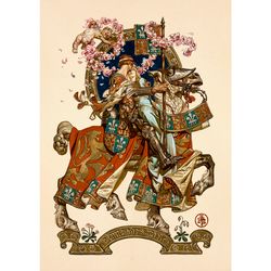 Honeymoon. Romantic art with a knight and his girlfriend. Knight poster for home and wall decor. Print with Lovers. 606.