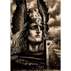 Portrait of a Scandinavian pagan warrior. Paganistic wall decoration. Painting by Konstantin Vasiliev. 560.